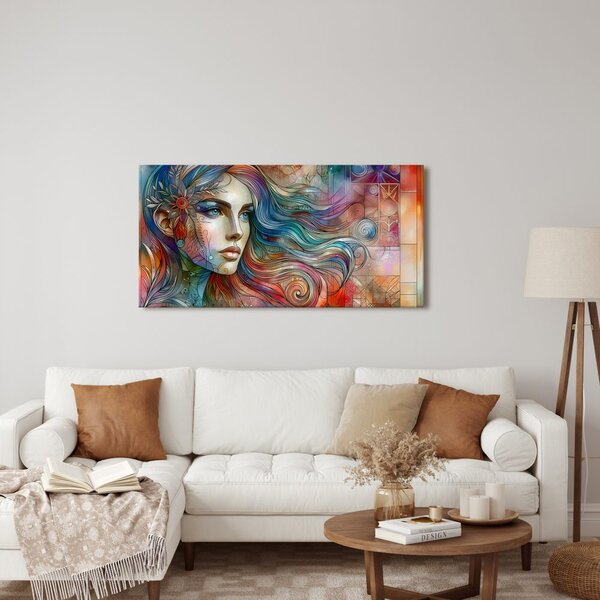 Quadro su tela – Donna con capelli arcobaleno