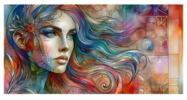 Quadro su tela – Donna con capelli arcobaleno