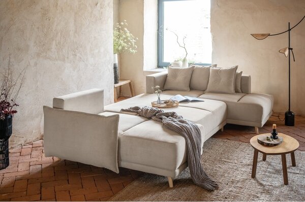 Divano letto angolare in velluto a coste beige (angolo destro a forma di U) Lazy Lukka - Miuform