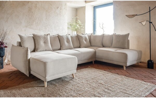 Divano letto angolare in velluto a coste beige (angolo destro a forma di U) Lazy Lukka - Miuform