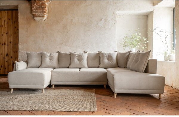 Divano letto angolare in velluto a coste beige (angolo destro a forma di U) Lazy Lukka - Miuform