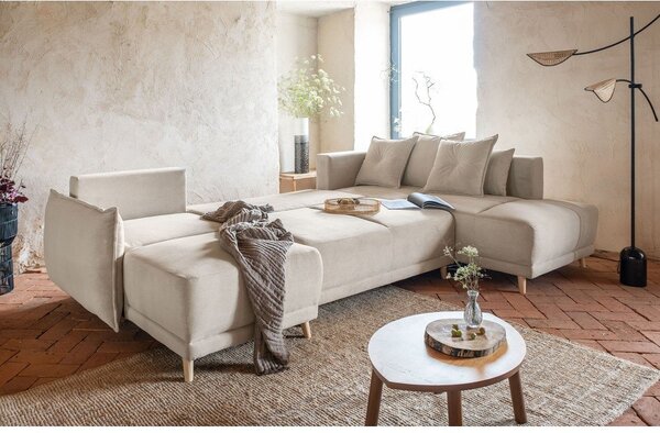 Divano letto angolare in velluto a coste beige (angolo destro a forma di U) Lazy Lukka - Miuform