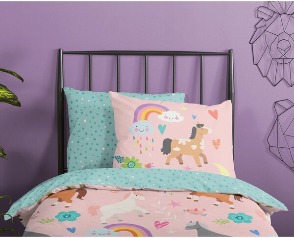 Set copripiumino e federa da bambini rosa/turchese in cotone per letto singolo ed esteso 140x220 cm Horses – Good Morning