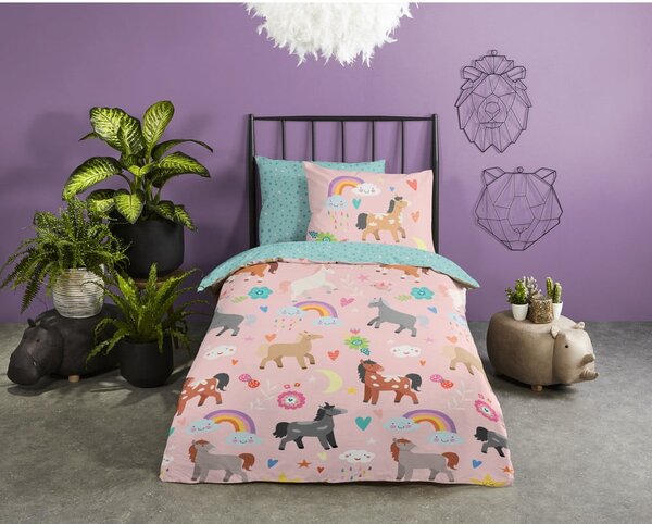Set copripiumino e federa da bambini rosa/turchese in cotone per letto singolo ed esteso 140x220 cm Horses – Good Morning