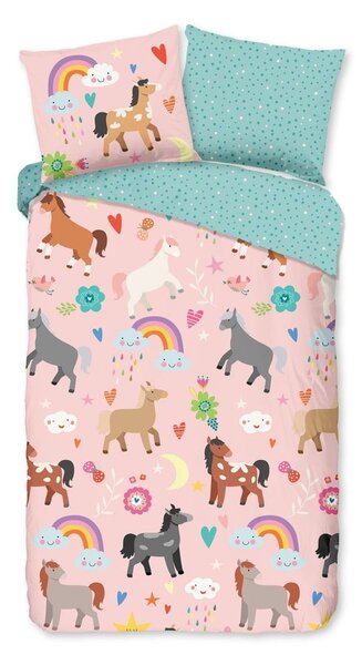 Set copripiumino e federa da bambini rosa/turchese in cotone per letto singolo ed esteso 140x220 cm Horses – Good Morning