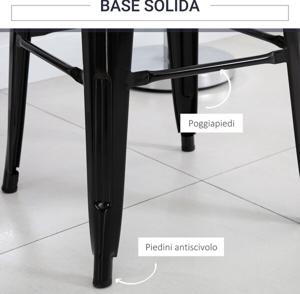 HOMCOM Set di 4 Sgabelli Alti con Poggiapiedi e Piedini Antiscivolo 76cm, in Metallo, Nero|Aosom