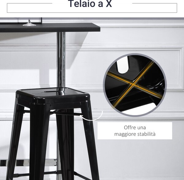 HOMCOM Set di 4 Sgabelli Alti con Poggiapiedi e Piedini Antiscivolo 76cm, in Metallo, Nero|Aosom