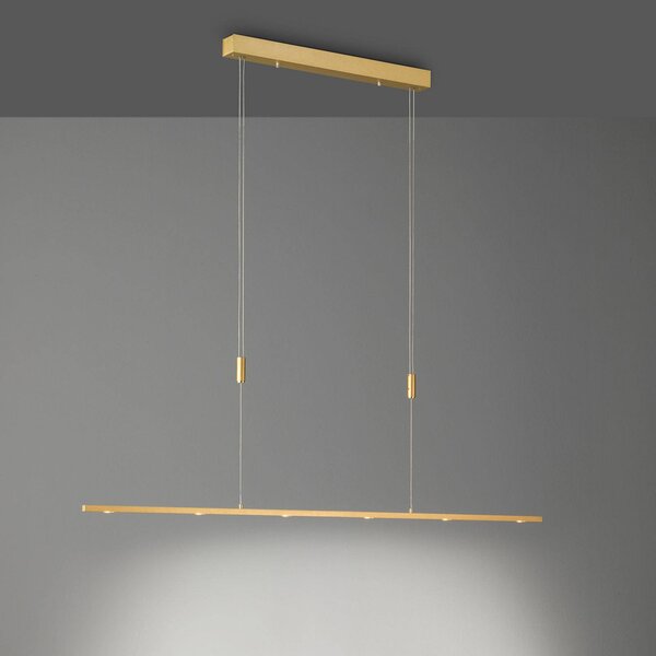 Lampada LED a sospensione Quitani Tolu, lunghezza 139 cm, ottone Tolu Quitani, dimmerabile, Ottone / Oro, Soggiorno / Sala da pranzo, Alluminio, Moderno