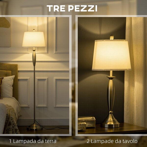 HOMCOM Set con Lampada da Terra e Lampada da Tavolo in Acciaio e Tessuto, Bianco e Argento|Aosom
