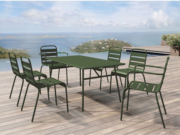 Sala pranzo giardino Metallo Kaki MIRMANDE: un tavolo L.160cm con 2 sedie impil. braccioli e 4 sedie impil