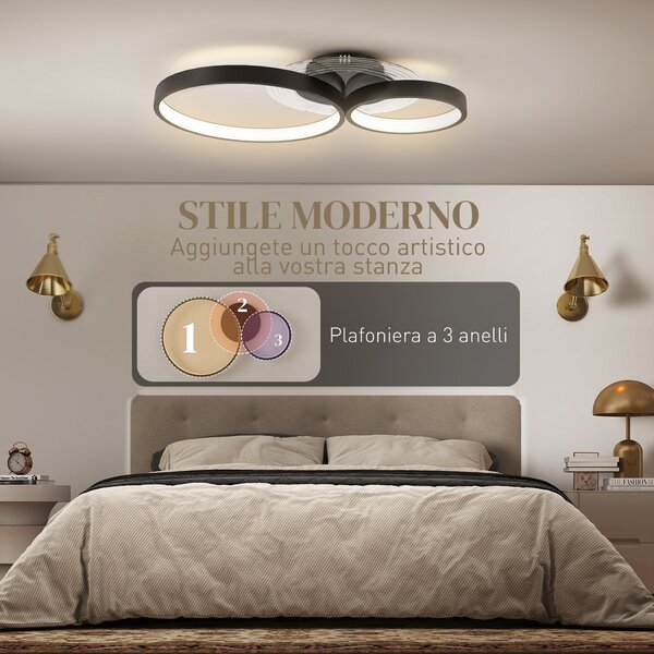 HOMCOM Plafoniera LED Moderna a 3 Anelli con Luminosità Regolabile, Potenza 40W, Nero | Aosom Italy