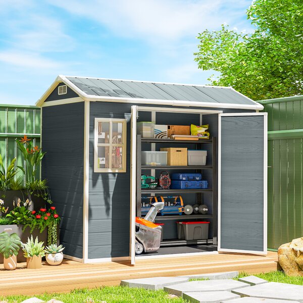 Outsunny Capanno attrezzi 2,77 m², capanno effetto legno con 2 finestre, porta doppia, ventilazione, pavimento, serratura, guanti | Aosom Italy