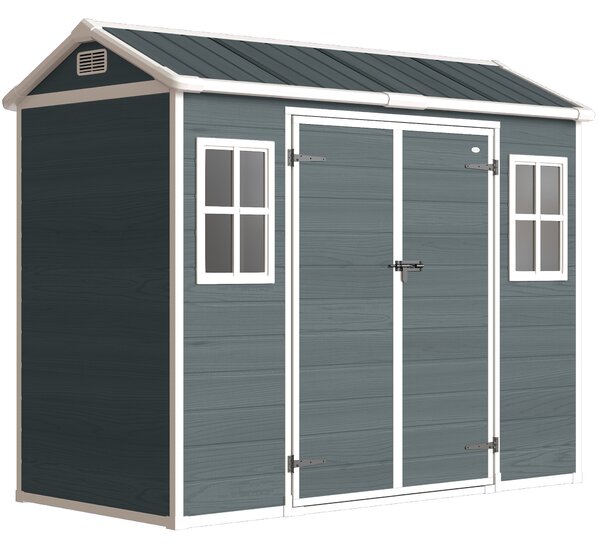 Outsunny Capanno attrezzi 2,77 m², capanno effetto legno con 2 finestre, porta doppia, ventilazione, pavimento, serratura, guanti | Aosom Italy