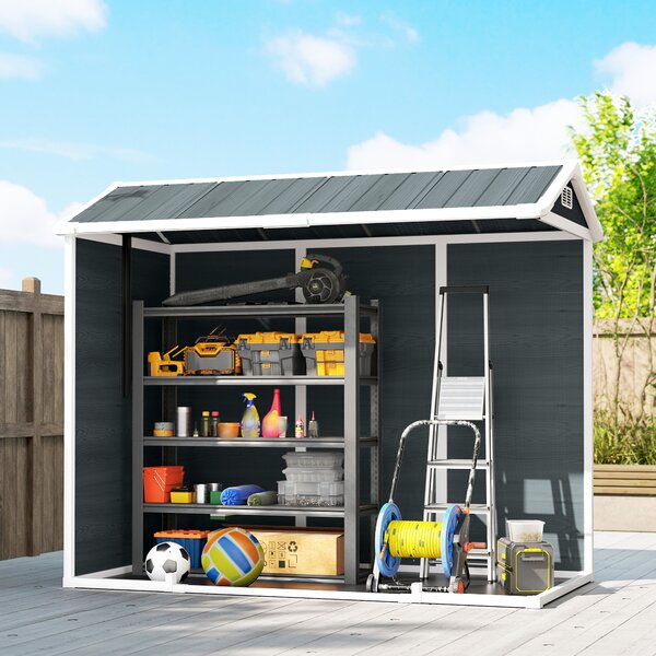 Outsunny Capanno attrezzi 2,77 m², capanno effetto legno con 2 finestre, porta doppia, ventilazione, pavimento, serratura, guanti | Aosom Italy