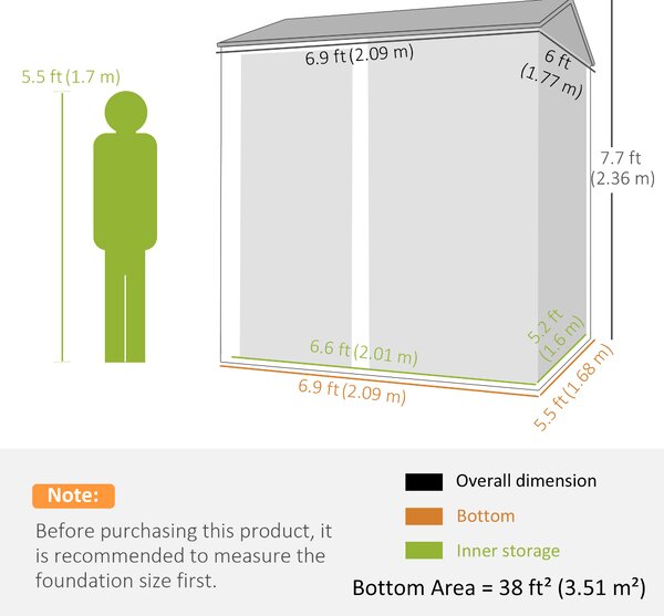 Outsunny Casetta attrezzi in metallo 3,5 m², capanno alto richiudibile con tetto a due falde, aerazioni e guanti, 209 x 177 x 236 cm | Aosom Italy