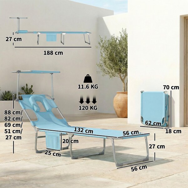 Outsunny Set di 2 Lettini Pieghevoli Reclinabili con Tettoia 360° Foro Facciale Tasca Laterale e Textilene 550 g/m² Blu | Aosom Italy