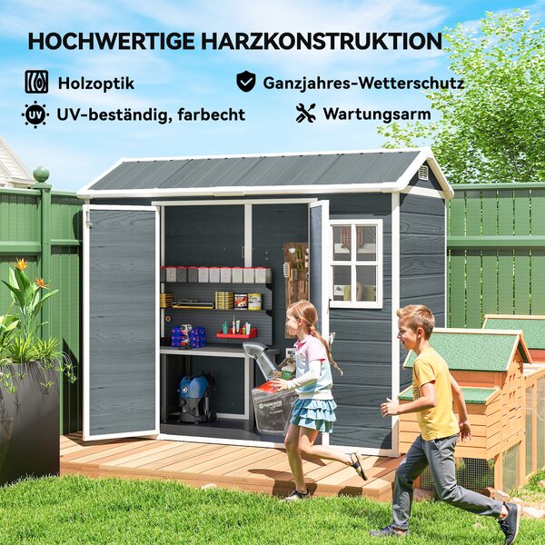 Outsunny Capanno attrezzi 2,77 m², capanno effetto legno con 2 finestre, porta doppia, ventilazione, pavimento, serratura, guanti | Aosom Italy