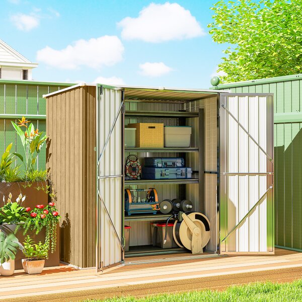 Outsunny Capanno da Giardino Esterno Metallico 1,37 m² 163x89x163 cm con Tetto Inclinato, Porte con Chiavistello e Guanti Marrone | Aosom Italy