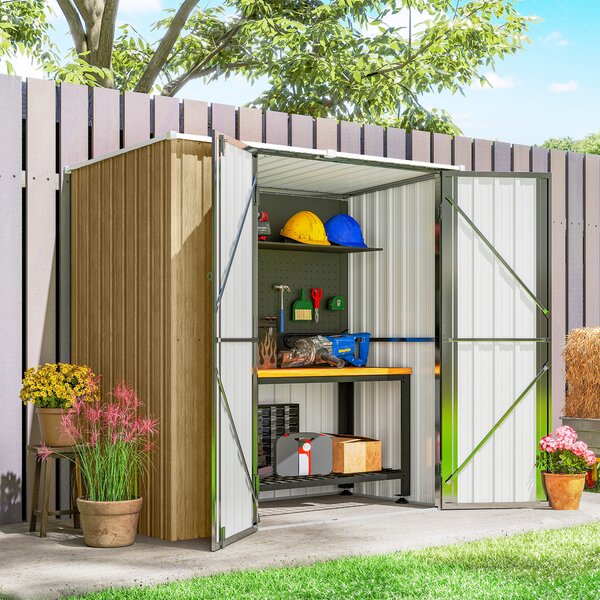 Outsunny Capanno da Giardino Esterno Metallico 1,37 m² 163x89x163 cm con Tetto Inclinato, Porte con Chiavistello e Guanti Marrone | Aosom Italy