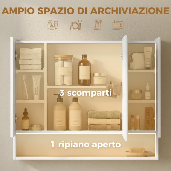 Kleankin Specchio Bagno Contenitore con 3 Ante Soft Close, 90x15x75 cm Mobile Bagno con Specchio, Ripiani Regolabili, Scomparto Aperto, Mobilettto Bagno da Parete Salvaspazio in Vetro, Bianco | Aosom Italy