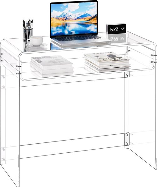 Scrivania in acrilico - Scrivania per computer/consolle a 2 livelli - Con ripiano - Rettangolare - Piano spesso e stabile - 40 x 85 x 75 cm - Trasparente