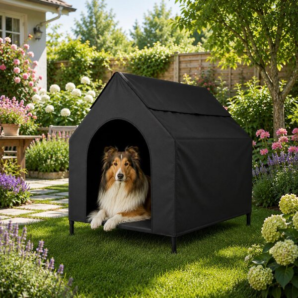 Cuccia per cani Belviona con tetto, letto rialzato per cani, ideale per giardino, terrazza e balcone, impermeabile e resistente fino a 60 kg, dimensioni 110x75x105 cm, colore nero