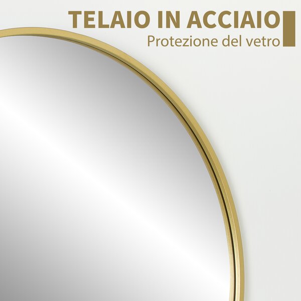 HOMCOM Specchio Rotondo da Bagno con Superficie Antiurto, in Vetro e Acciaio, Ø70x2.5 cm, color Oro | Aosom Italy