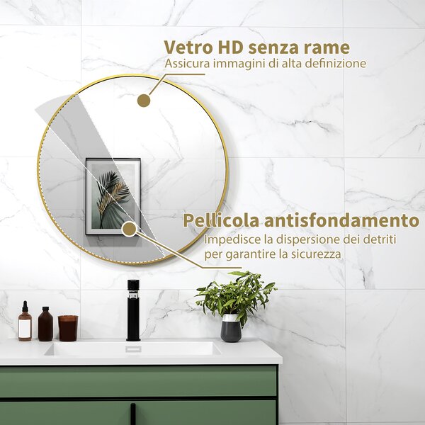 HOMCOM Specchio Rotondo da Bagno con Superficie Antiurto, in Vetro e Acciaio, Ø70x2.5 cm, color Oro | Aosom Italy