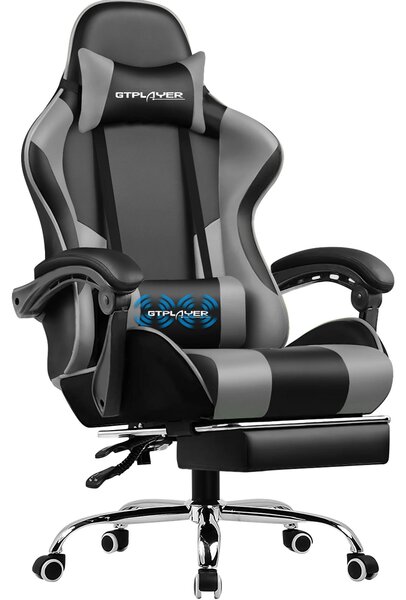 Sedia da gaming - Sedia da ufficio ergonomica - Funzione massaggio, poggiapiedi, poggiatesta e supporto lombare, regolabile in altezza, rivestimento in pelle, portata massima 150 kg - Grigio
