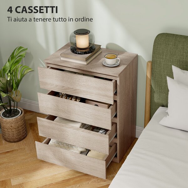 HOMCOM Cassettiera 4 Cassetti in Legno con Guide in Metallo e Maniglie Scanalate, 60x40x80 cm, color Faggio | Aosom Italy