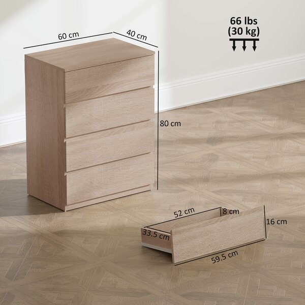HOMCOM Cassettiera 4 Cassetti in Legno con Guide in Metallo e Maniglie Scanalate, 60x40x80 cm, color Faggio | Aosom Italy