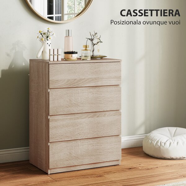 HOMCOM Cassettiera 4 Cassetti in Legno con Guide in Metallo e Maniglie Scanalate, 60x40x80 cm, color Faggio | Aosom Italy
