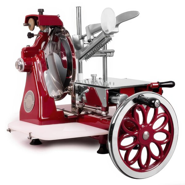 Affettatrice manuale 300 Lusso Volano Fiorato Dimensioni 89x70xh 55 cm- peso 44.3 kg - Lama 300 mm taglio 0-2,5 mm in alluminio acciaio e verniciatura a fuoco rossa