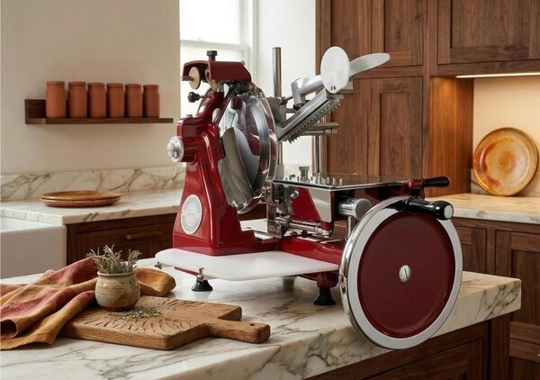Affettatrice manuale 300 Lusso Volano Pieno Dimensioni 89x70xh 55 cm- peso 44.3 kg - Lama 300 mm taglio 0-2,5 mm in alluminio acciaio e verniciatura a fuoco rossa