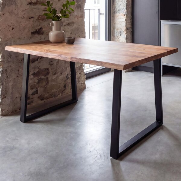 FineBuy Tavolo da pranzo 120 cm rettangolare in legno massello di acacia con bordo naturale - Tavolo da pranzo industriale in legno massello naturale - Tavolo da cucina - Tavolo con bordo naturale