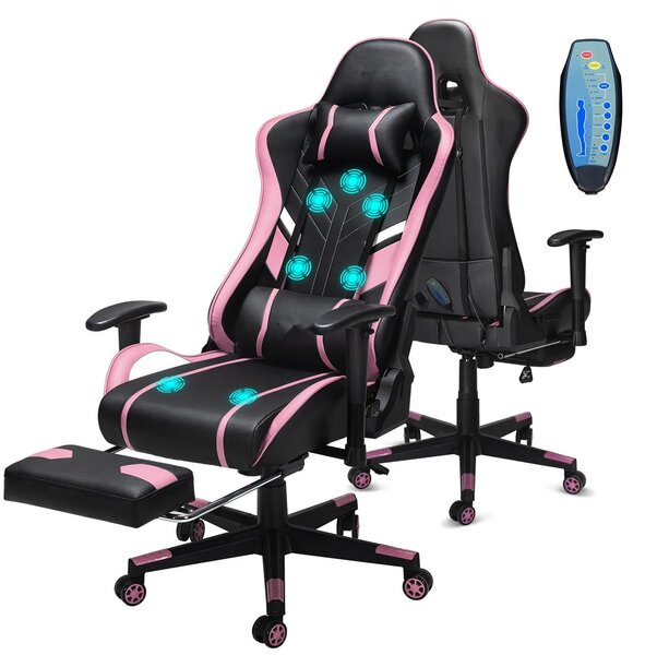 Sedia da gaming con funzione massaggio GC-RC03 - Sedia da ufficio ergonomica - Massaggio a 7 punti - Regolabile in altezza - Poggiapiedi e supporto lombare - Vera pelle - Nero e rosa