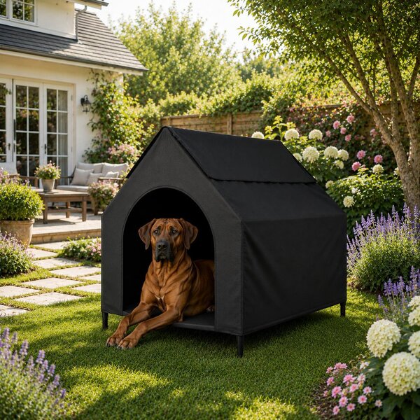 Cuccia per cani Belviona con tetto, lettino rialzato per cani, ideale per giardino, terrazza e balcone, resistente all'acqua e con una portata massima di 80 kg, dimensioni 130x85x113 cm, colore nero