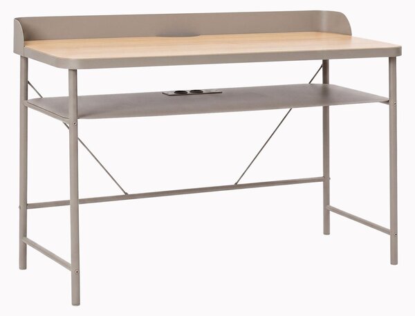 Hariyang - Scrivania da Ufficio 120x82,5x50 cm in Metallo con Prese USB Ripiano in Multistrato Rovere Tortora
