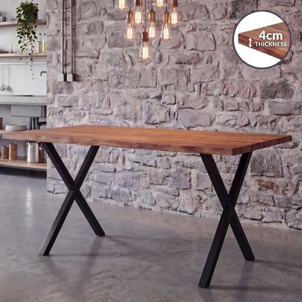 FineBuy Tavolo da pranzo 120 cm, rettangolare, in legno massello di acacia con bordo naturale, stile industriale. Tavolo da pranzo in legno massello, tavolo da cucina in legno massello con bordo naturale, struttura a X, colore nero