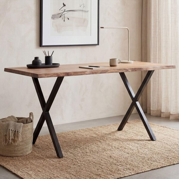 FineBuy scrivania 120x60x76 cm in legno massiccio di acacia / metallo scrivania per computer bordo albero casa ufficio scrivania solida con gambe a X in nero scrivania in legno