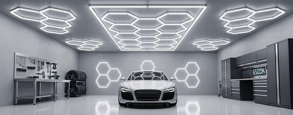 Lampada a soffitto esagonale a LED, 65W, 7606 lumen, 6500K, grado di protezione IP54, ideale per garage, officine, showroom e centri di lavaggio auto