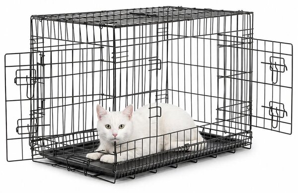 Gabbia da trasporto per gatti lionto in metallo, stabile e pieghevole con parete divisoria e vassoio di base in plastica, 76x49x56 cm