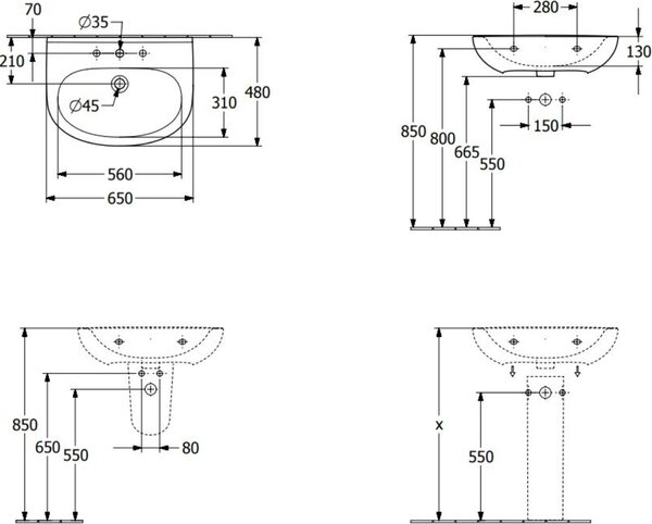 V&B lavabo O.Novo 65x48cm, ovale, rubinetto con troppopieno, bianco