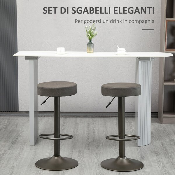 HOMCOM Set di 2 Sgabelli Per Bar e Cucina in Similpelle con Poggiapiedi, Altezza Regolabile e Ampia Base Tonda in Acciaio, Grigio | Aosom