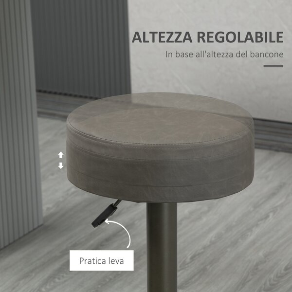 HOMCOM Set di 2 Sgabelli Per Bar e Cucina in Similpelle con Poggiapiedi, Altezza Regolabile e Ampia Base Tonda in Acciaio, Grigio | Aosom