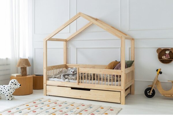 Letto da bambini a forma di casa/estraibile di colore naturale in pino massiccio con contenitore con rete inclusa 140x200 cm RMW – Adeko
