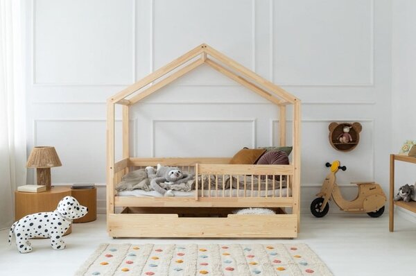 Letto da bambini a forma di casa/estraibile di colore naturale in pino massiccio con contenitore con rete inclusa 140x200 cm RMW – Adeko