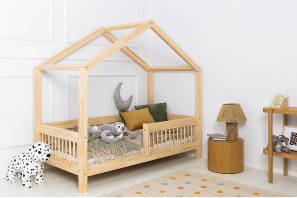 Letto da bambini a forma di casa/estraibile di colore naturale in pino massiccio con contenitore con rete inclusa 140x200 cm RMW – Adeko