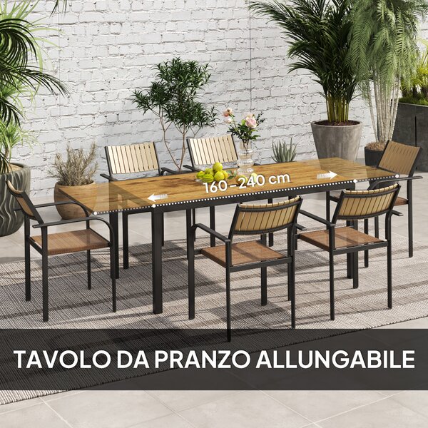 Outsunny Set Tavolo da Giardino Allungabile con 6 Sedie da Esterno Impilabili, Acciaio e Textilene, Marrone