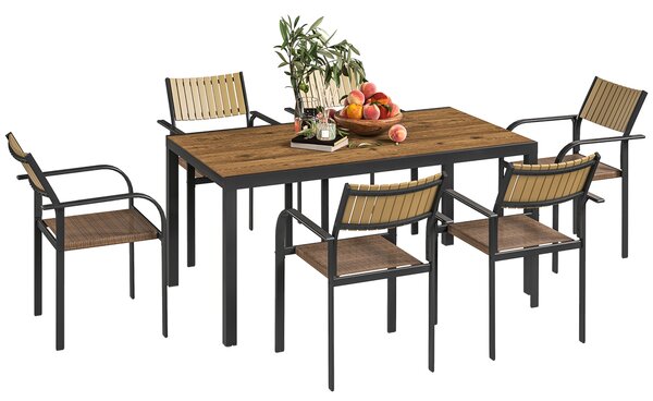 Outsunny Set Tavolo da Giardino Allungabile con 6 Sedie da Esterno Impilabili, Acciaio e Textilene, Marrone